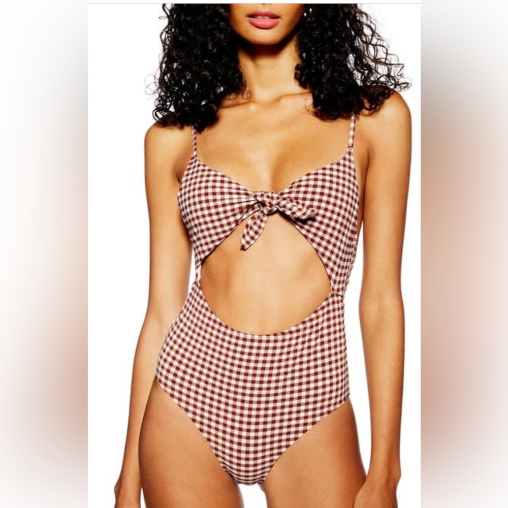Topshop cutout one-piece swimsuit dark red and cream gingham size 8 US